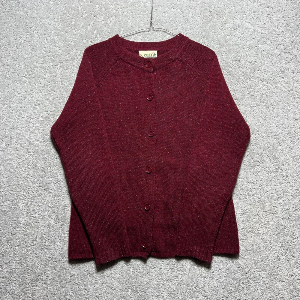 Aran Woollen Mills Cardigan Sweater Womens M Burgundy Speckled Lambswool Nylon